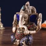 Small Pure Brass Lord Ganesha Idol with Stonework - 5" Height